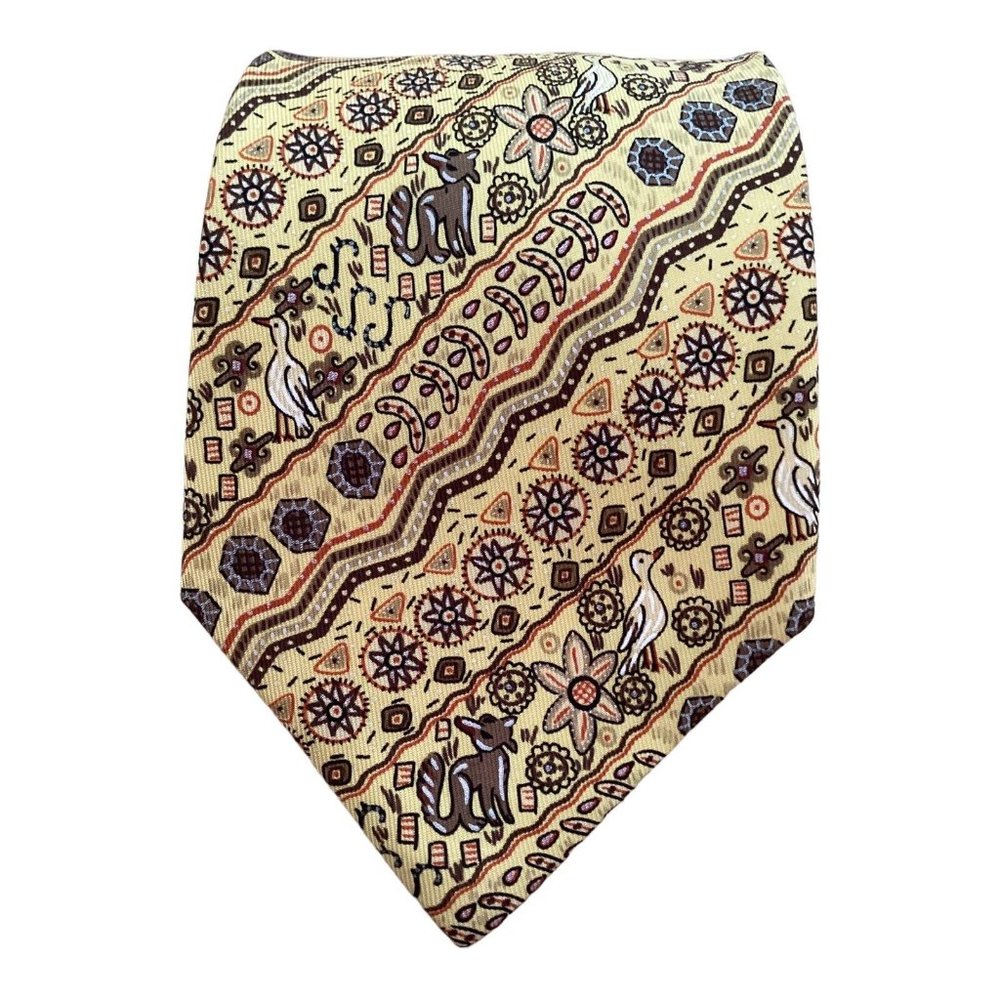 HERMÈS PARIS Yellow Fox Pheasant Silk Tie France 58"-3.7" EC